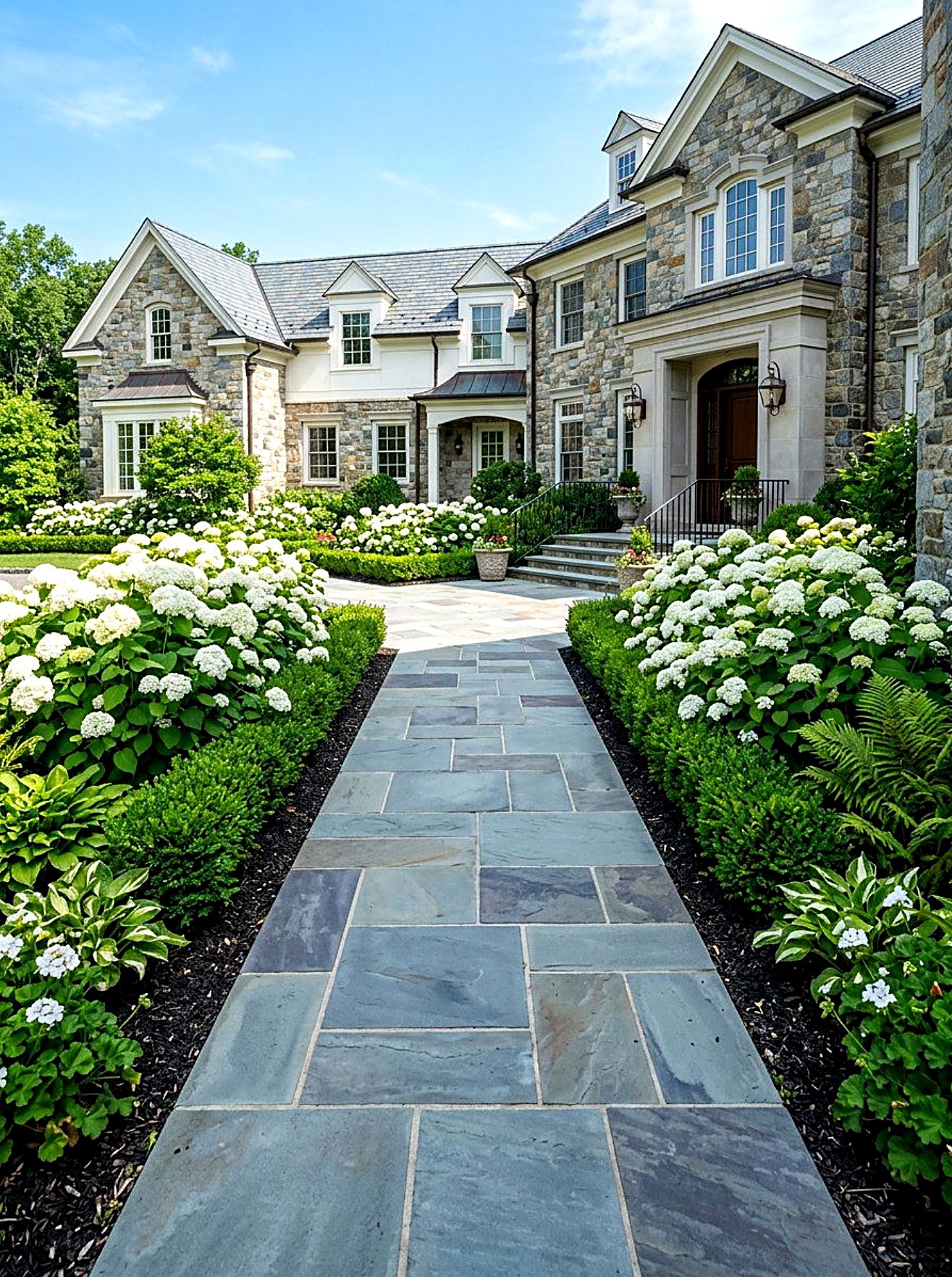 Long bluestone entry walk to a stone estate