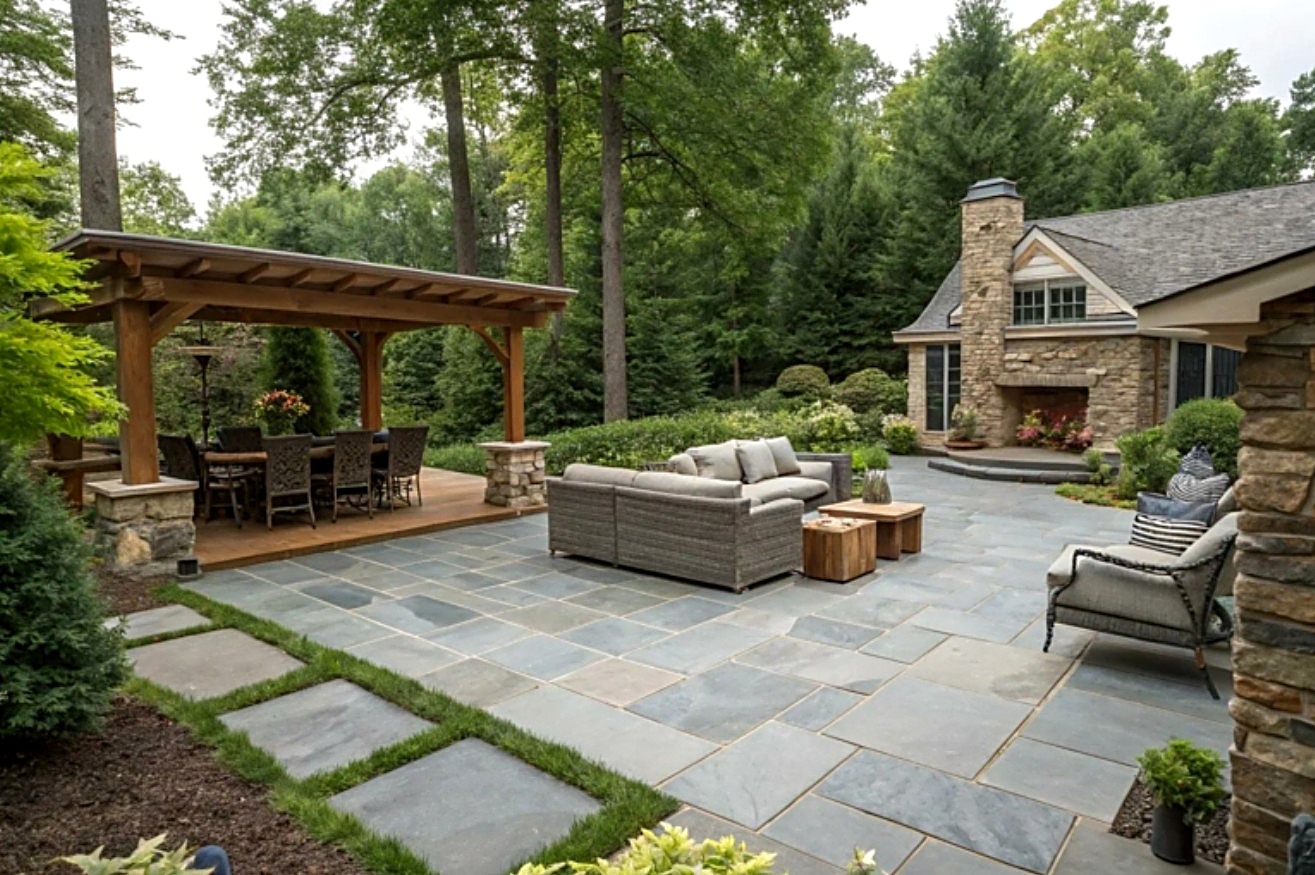 Large bluestone patio with pavilion and stone fireplace