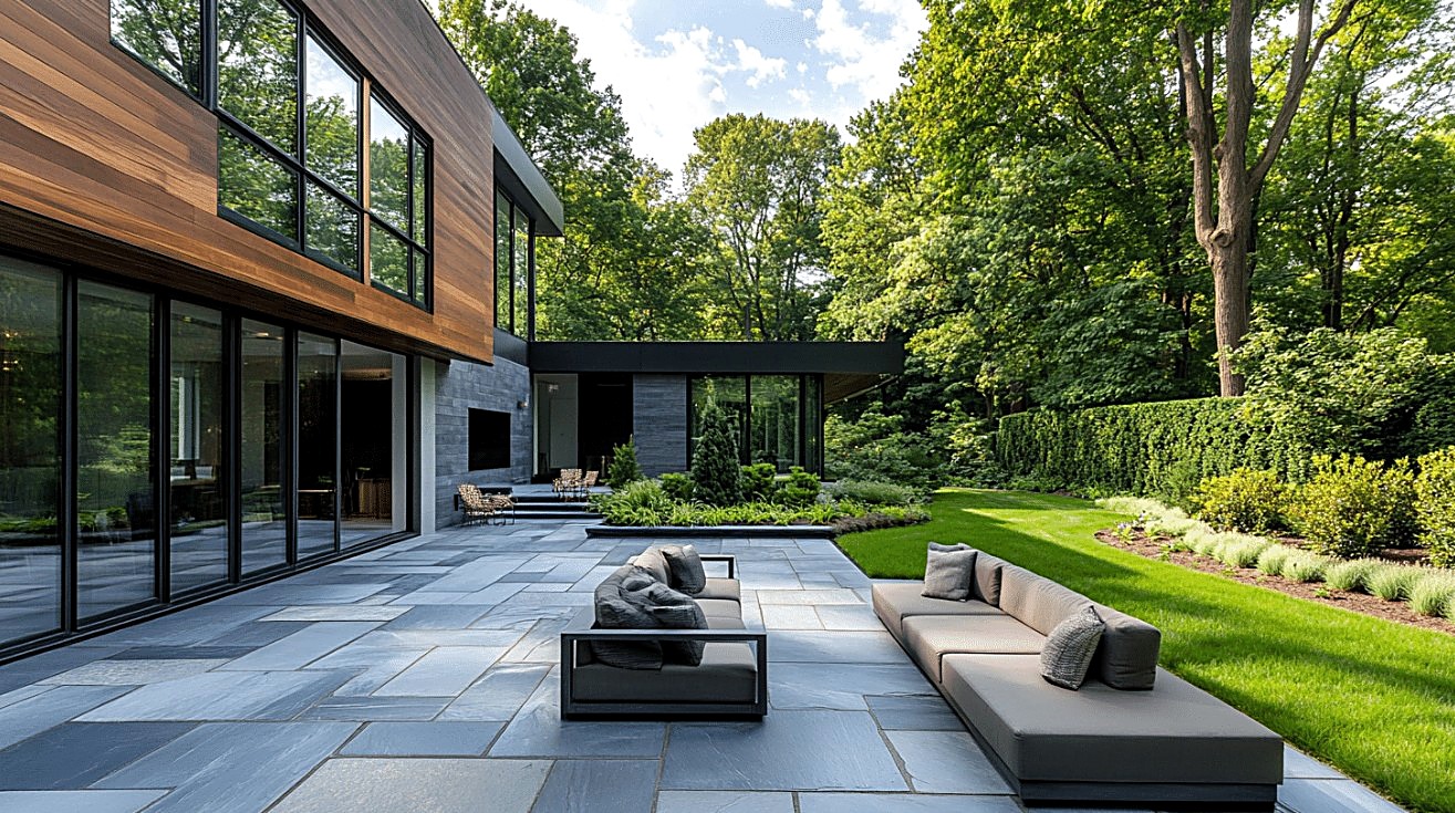Modern bluestone terrace beside a contemporary home