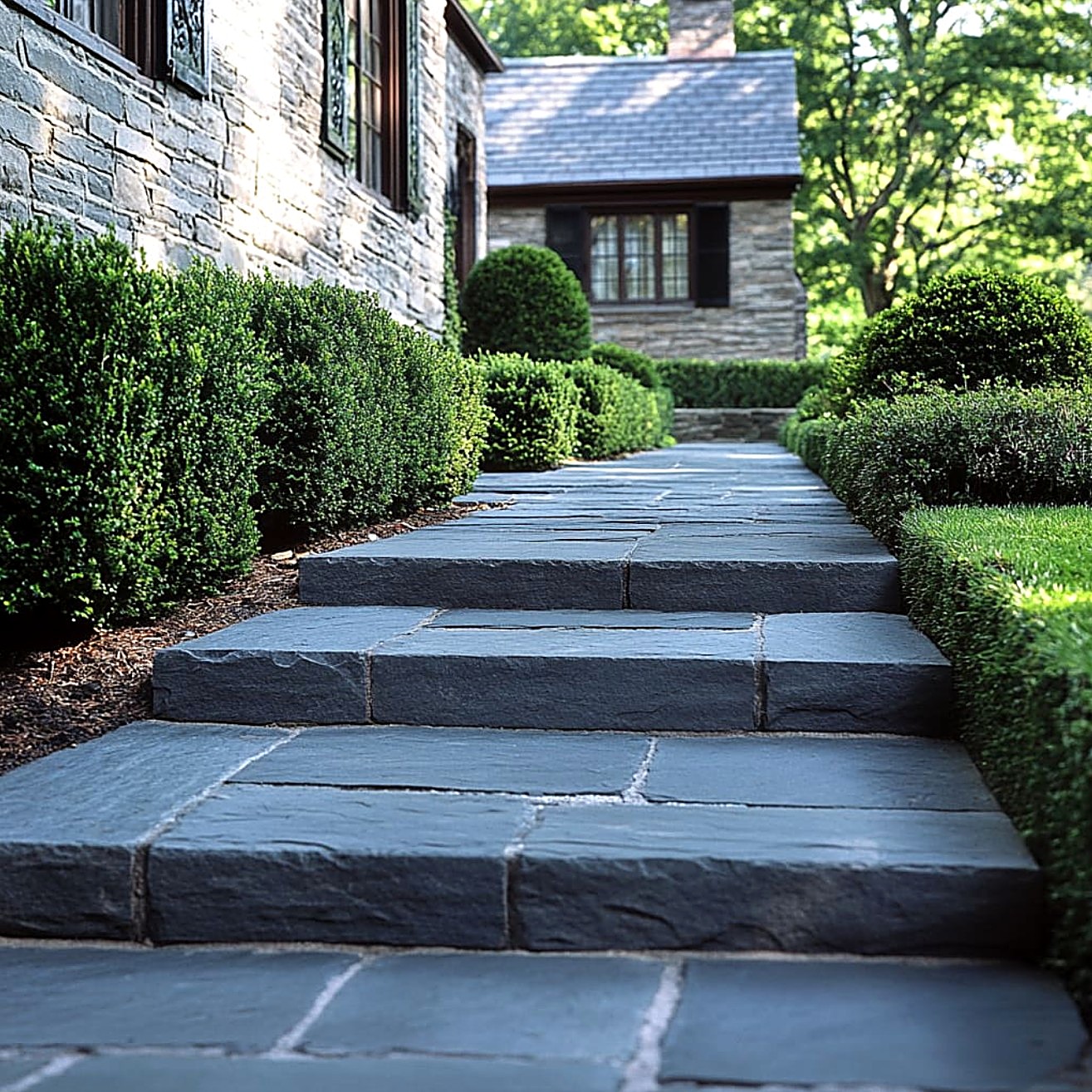 Bluestone steps and walkway framed by boxwoods